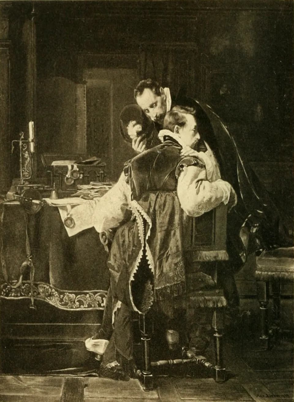 William the Silent - This is an illustration from The Works of J. W. von Goethe 8. It is captioned 'Last Meeting of William of Orange and Count Egmont / Photogravure from the painting by Max Adams'