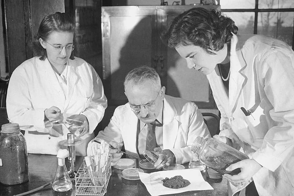Selman Abraham Waksman - Title Waksman, Selman
Description Selman Waksman and two female associates testing Streptomycin, a bacterial antibiotic produced by the soil actinomycete - chiefly used in the