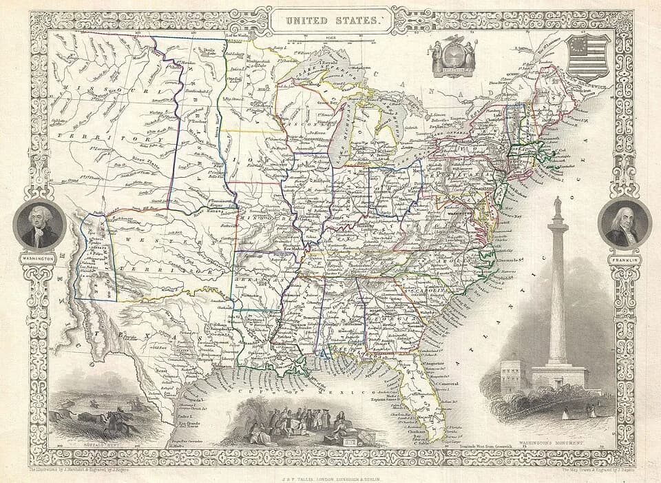 William Penn - This is a fascinating 1851 map of the United States by the English map and atlas publisher John Tallis and his engraver John Rapkin. Covers the United States from and Santa Fe north t