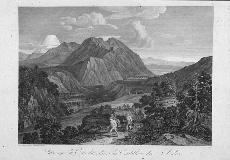 Alexander von Humboldt - Straße über den Quindiu, Kupferstich nach einer Zeichnung von Joseph Anton Koch nach einer Skizze von Humboldt, Querfolio.