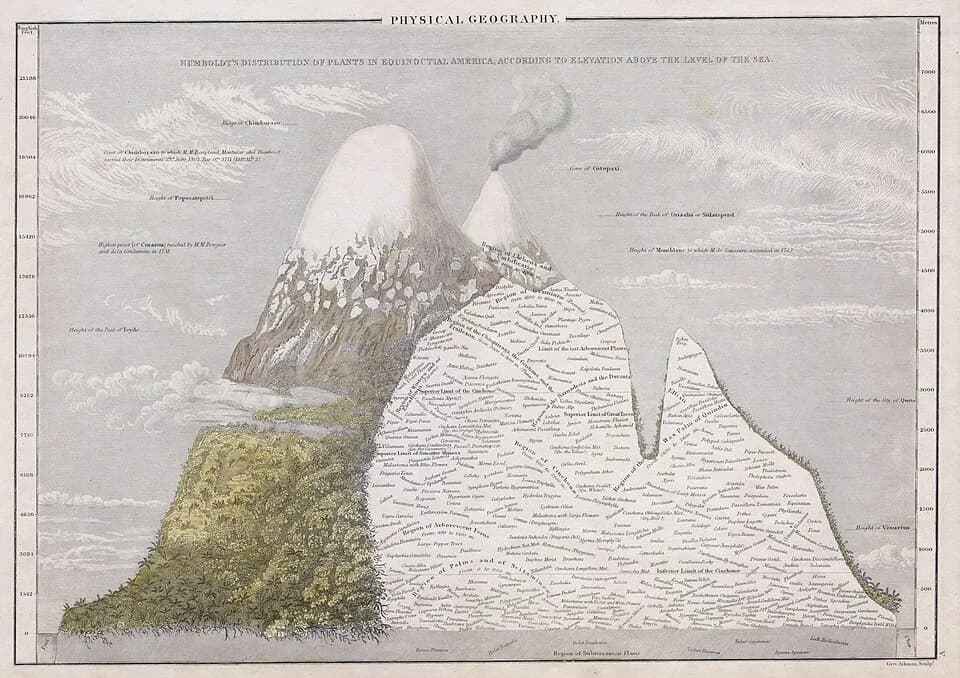 Alexander von Humboldt - This is a fascinating 1839 map of the distribution of plants according to elevation in the Americas. Includes the heights of various mountains around the world and reference