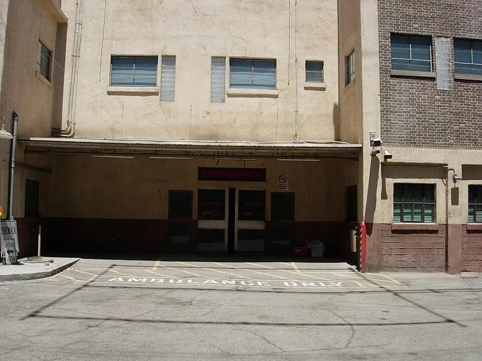 Michael Crichton - Emergency room entrance for E.R. set at Warner Brothers studio, Burbank.
