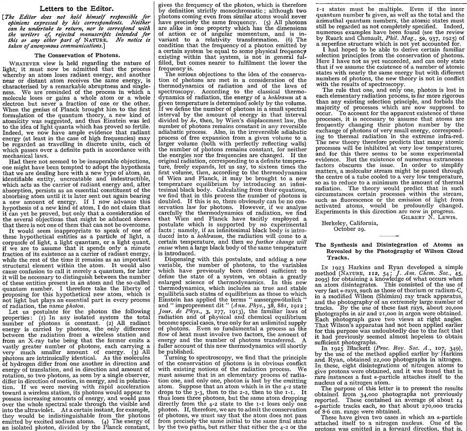 Gilbert N. Lewis - 1926 Gilbert N. Lewis letter which brought the word "photon" into common usage