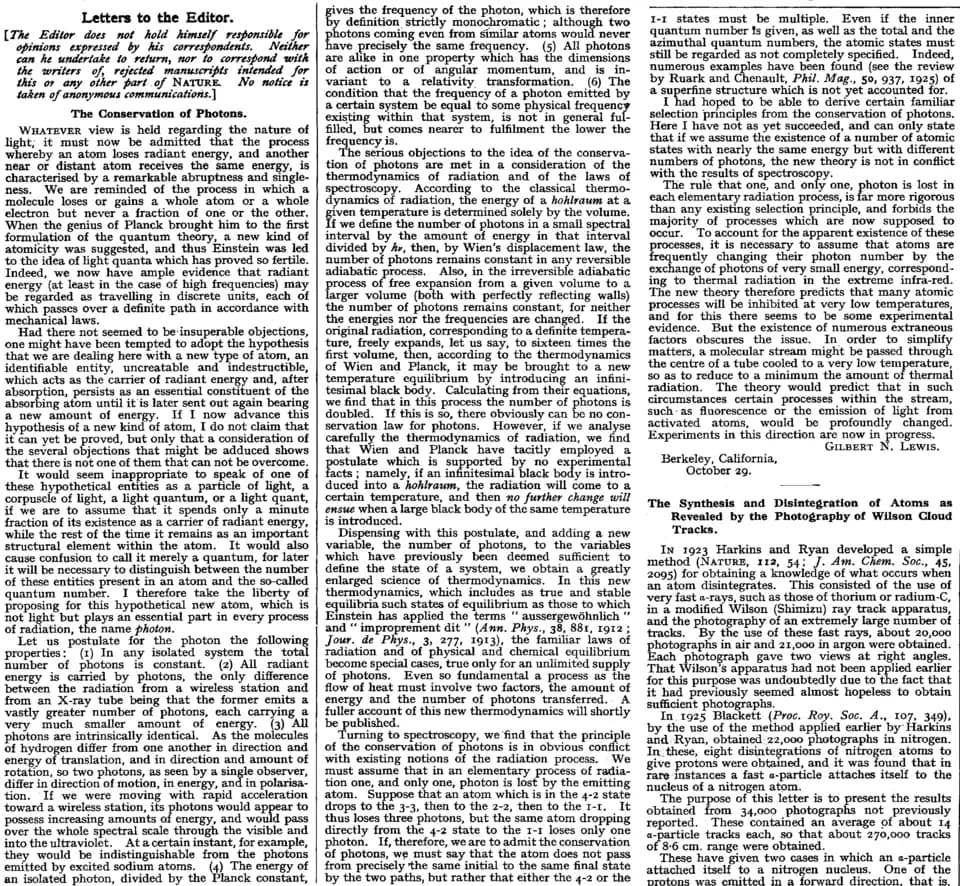 Gilbert N. Lewis - 1926 Gilbert N. Lewis letter which brought the word "photon" into common usage