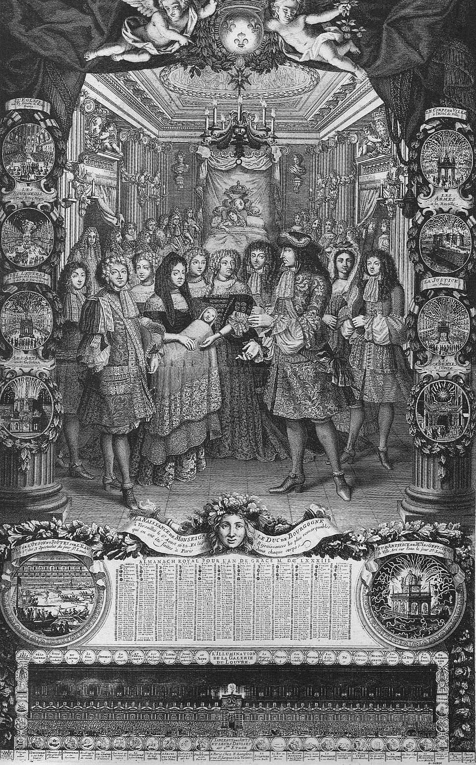Maria Theresa of Spain - Engraving of the birth of Louis of France, "Duke of Burgundy", in 1682.jpg