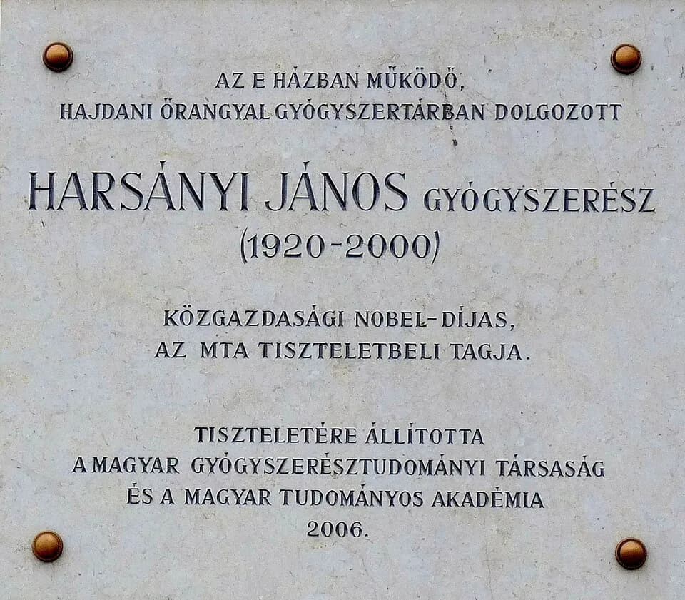John Harsanyi - Commemorative plaque to Mr. John Harsany (1920–2000), Hungarian-born chemist, Nobel laureate economist, placed on the wall of the former pharmacy ’Őrangyal’ (Guardian angel) where he w