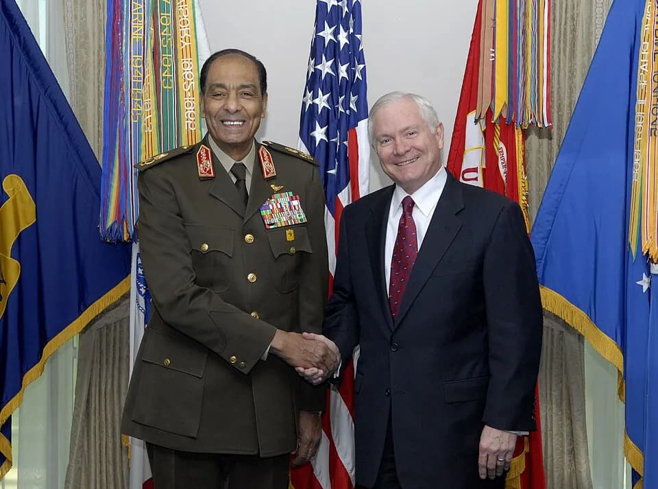 Mohamed Hussein Tantawi - Secretary of Defense Robert M. Gates, right, poses for a photo with Egyptian Minister of Defense Field Marshal Mohamed Hussein Tantawi in the Pentagon March 25, 2008, prior t