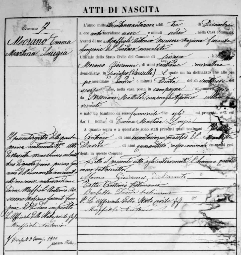 Emma Morano - Birth record of Emma Morano (1899-2017)