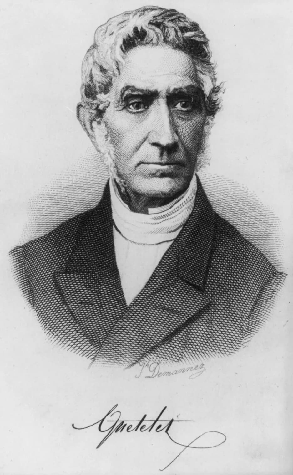 Adolphe Quetelet - Portrait of Belgian astronomer, mathematician, statistician and sociologist Adolphe Quételet (1796-1874) by Joseph-Arnold Demannez (1825-1902). Steel engraving.