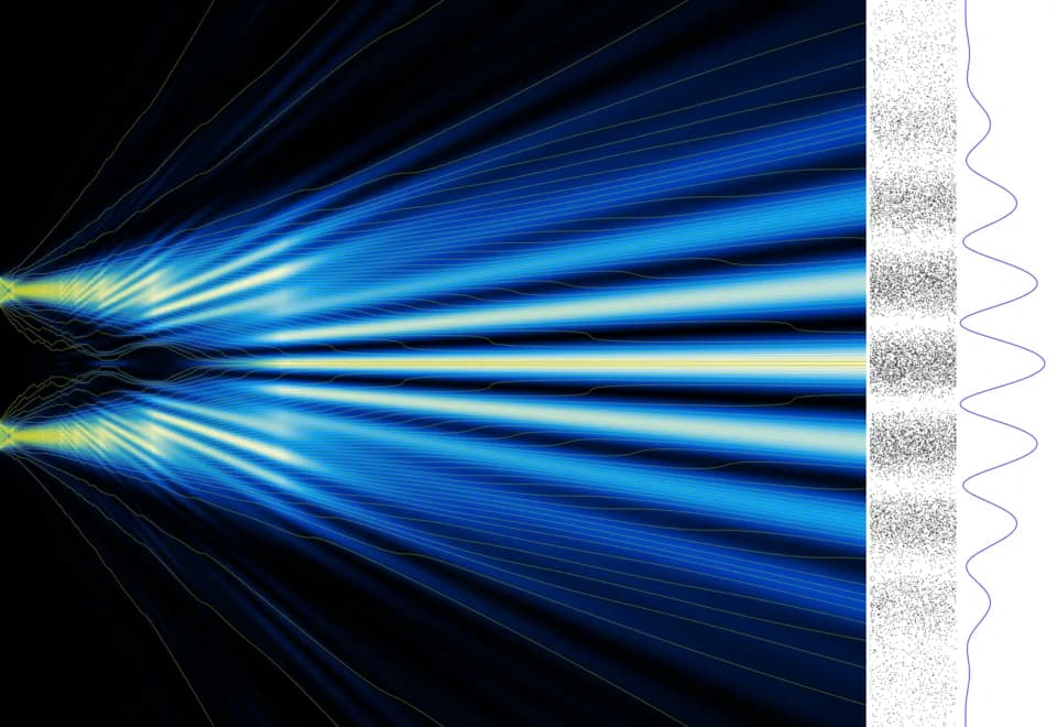 David Bohm - 100 trajectories of electrons for the two-slit experiment. Each electron is guided by its wave function.
While each trajectory passes through only one slit, the wave passes through both.