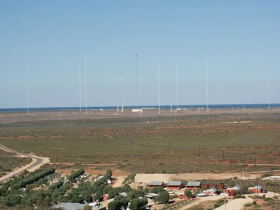 Harold Holt - Naval Communication Station Harold E. Holt near Exmouth, Western Australia. The radio masts are part of a large wire antenna which is used to transmit very low frequency (VLF) radio wav