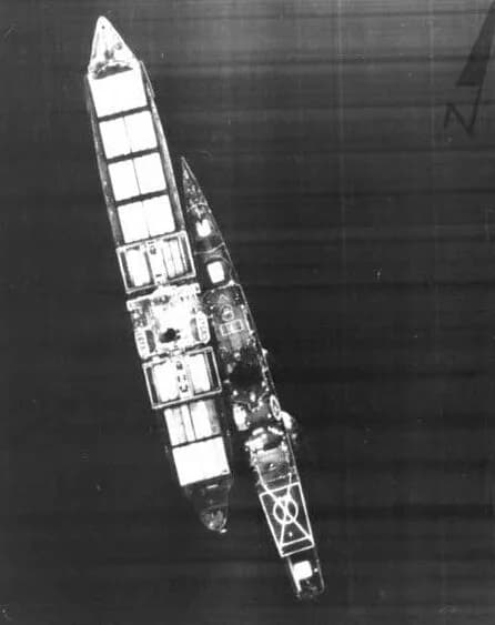 Harold Holt - The U.S. Navy ocean escort USS Harold E. Holt (DE-1074) alongside the SS Mayaguez off Koh Tang island, Cambodia, on 15 May 1975, during the Mayaguez incident.