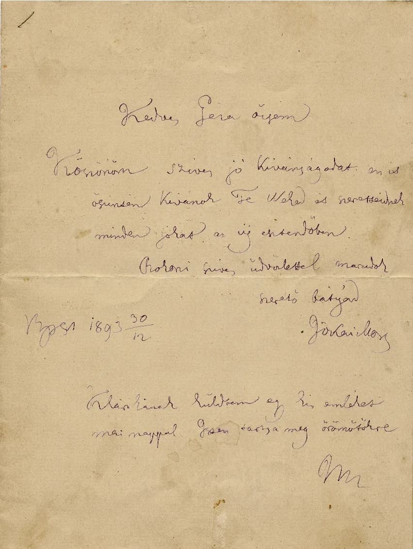Mór Jókai - Handwritten letter from Mór Jókai 1893 in the collection of Podunajské múzeum v Komárne