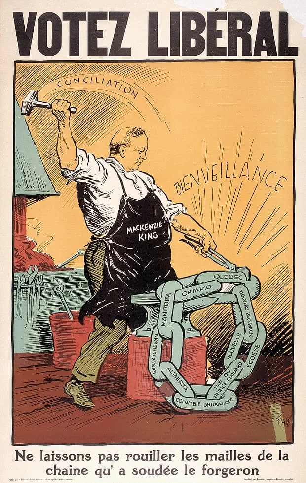 William Lyon Mackenzie King - Mackenzie King 1930 Election Posters. This is the first of three copies of this colour poster which depicts King as a welder hammering, with "Conciliation" and "Bienveil