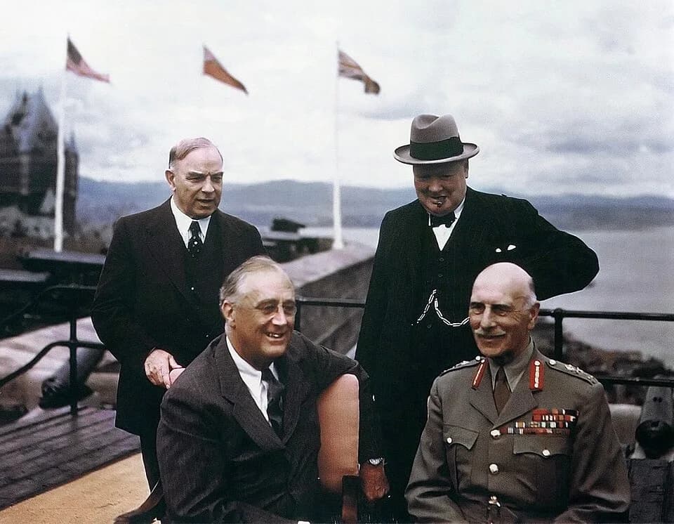 William Lyon Mackenzie King - The Quebec Conference, Canada, August 1943
Group photograph on the terrace of the Citadel in Quebec, on the occasion of the First Quebec Conference, with the Chateau Fro