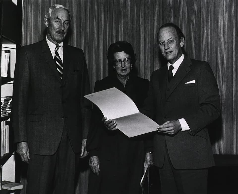 Mary Leakey - John Eberhardt (left), Mary Leakey (center), and Donald S. Fredrickson (right) at Mary Leakey's early man lecture.