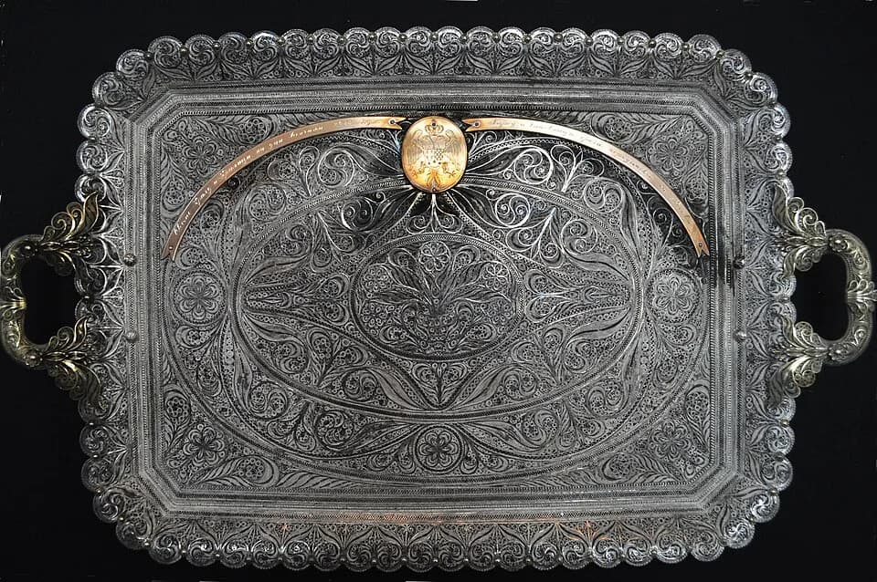 Marie of Romania - Silver tray with filigree decoration, formerly property of King Ferdinand and Queen Marie of Romania, Maryhill Museum of Art, Maryhill, Washington. There is a Cyrillic inscription i