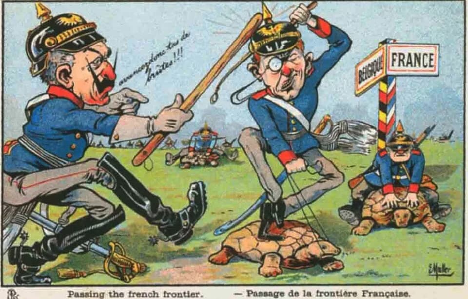 Erich von Falkenhayn - Postcard of France - French Military Humour Propaganda: Passing the French frontier - unknown Year