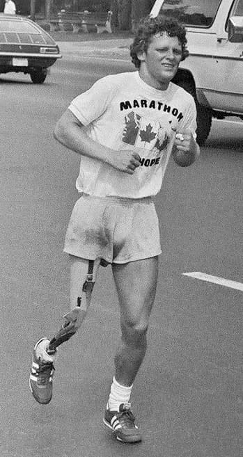 Terry Fox - Photo of Terry Fox, Canadian cancer fund-raiser, during his 1980 "Marathon of Hope" fund-raising run across Canada. Photo taken July 12, 1980 in Toronto, Ontario, Canada by Jeremy Gilbert