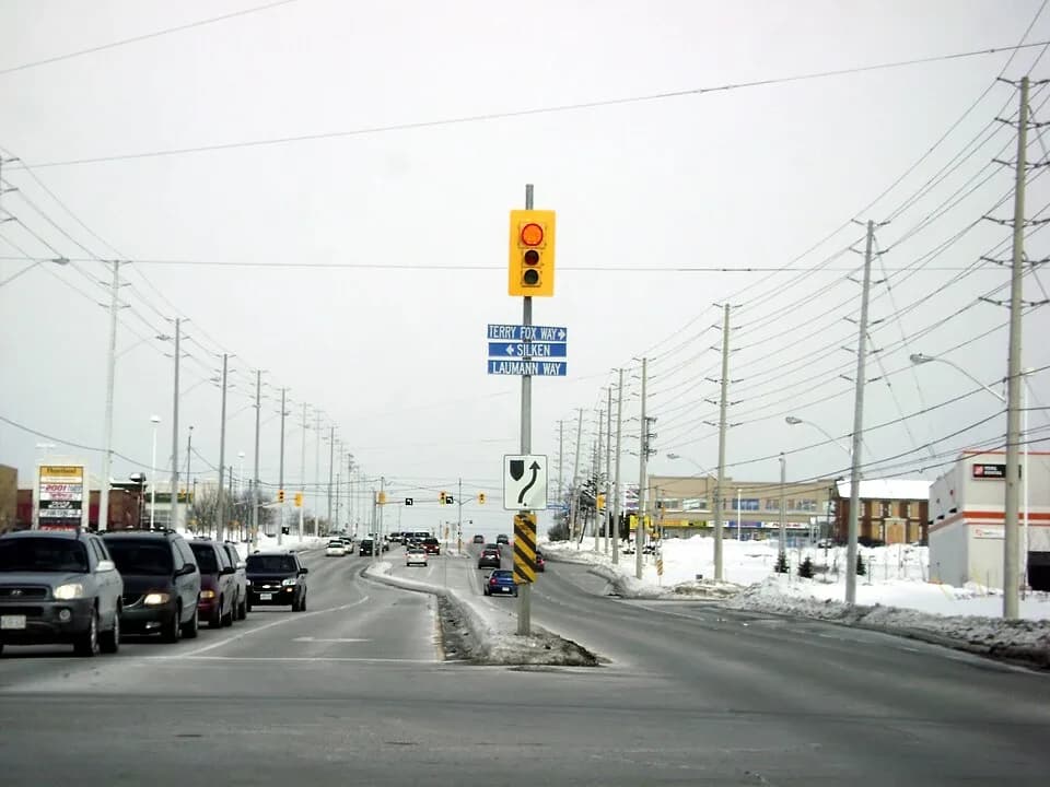 Terry Fox - Point at which Terry Fox Way meets Silken Laumann Way (intersection with Britannia Road West) in Mississauga, Ontario, Canada. Two roads named after Canadian athletic greats. Both roads w