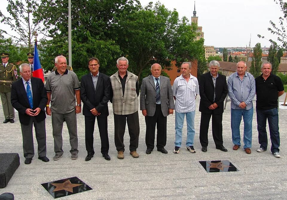 Josef Masopust - Former football players of FC Dukla Praha: from left: Masopust, Viktor, Fiala, Čadek, Geleta, Kučera, Gajdůšek, Nehoda, Vízek