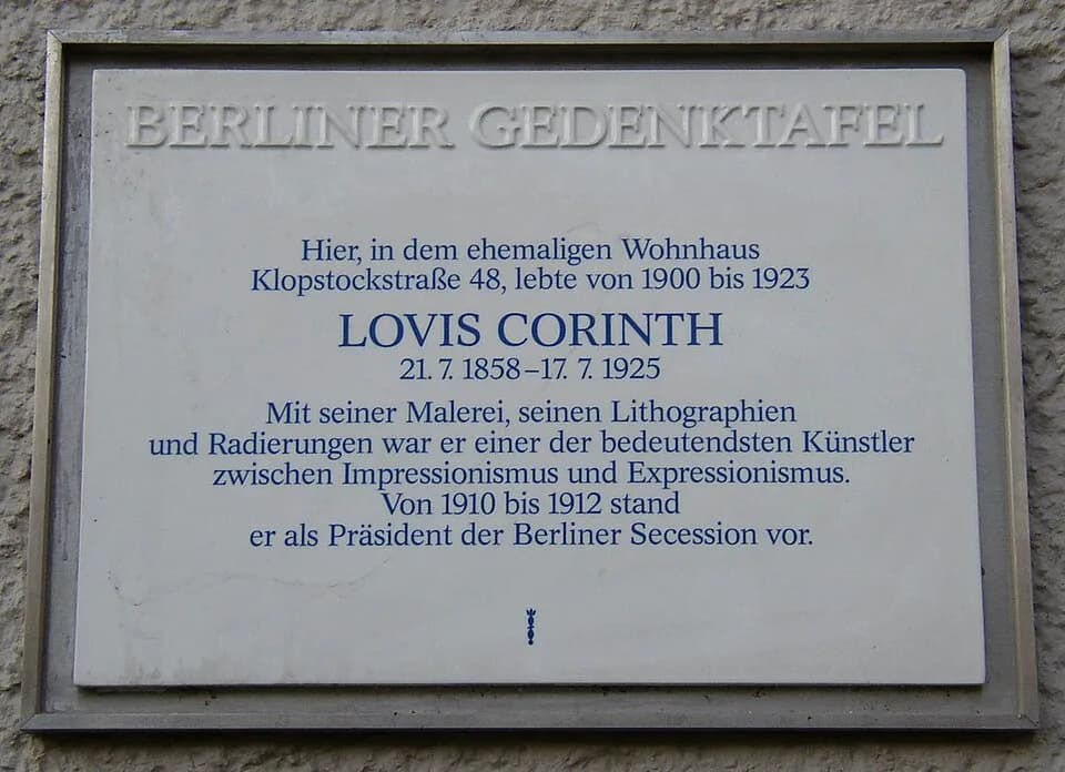 Lovis Corinth - Berlin memorial plaque for Lovis Corinth, situated in front of Klopstockstraße 25/27 (former no. 48), in 10557 Berlin-Hansaviertel, Germany. Unveiled on Juli 13, 1998. Ca. 40 x 60 cm,