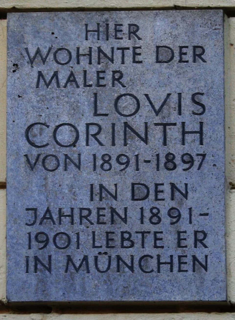 Lovis Corinth - Gedenktafel für den Maler Lovis Corinth in der Giselastraße in München
Hier wohnte der Maler Lovis Corinth von 1891 - 1897. In den Jahren 1897 - 1901 lebte er in München
(Foto wurde