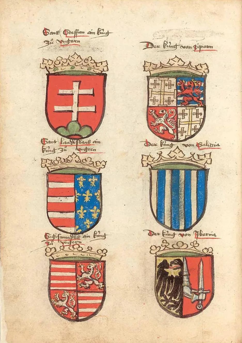 Charles I of Hungary - Ulrich Richental: Chronik des Konstanzer Konzils, Szent István magyar nkirály és az Anjou uralkodók címere a címerek között