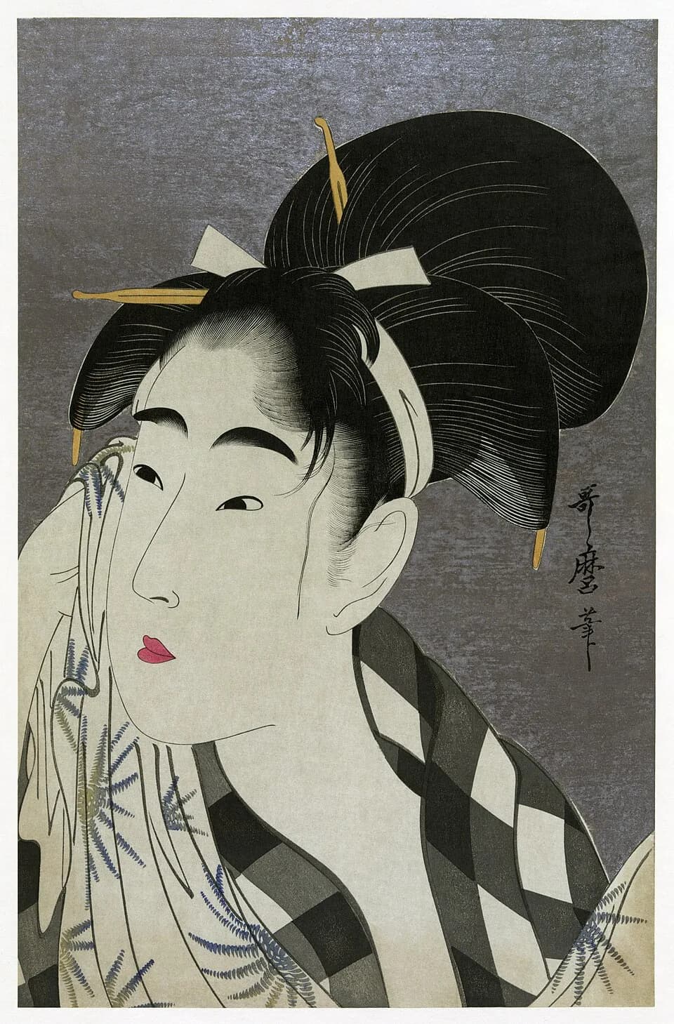 Kitagawa Utamaro - Ase o fuku onna (Woman wiping sweat). Print shows a head-and-shoulders portrait of a young woman wiping her face. 1 print : woodcut, color.Note: The Japanese script on the work sa