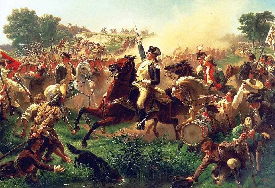 George Washington - Painting titled Washington Rallying the Troops at Monmouth; depicts George Washington at the 1778 Battle of Monmouth. In 1857, Leutze painted a copy one-third of this size for the