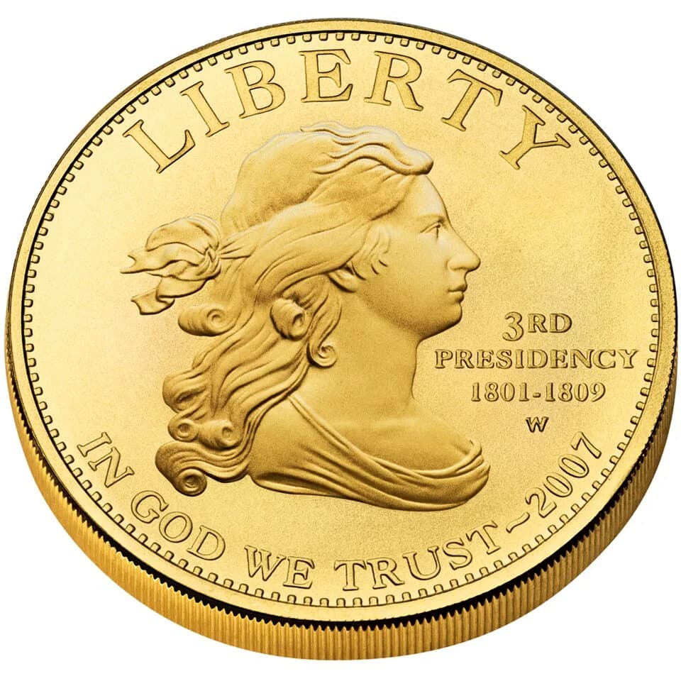Thomas Jefferson - First Spouse Program coin for Thomas Jefferson, who was a widower during his term of office and thus had no First Lady. Obverse.
