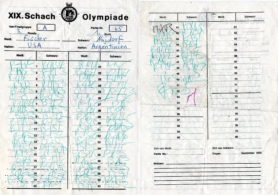 Bobby Fischer - Bobby Fischer's game notation (in descriptive chess notation) from his round 3 game against Miguel Najdorf in the 1970 Chess Olympiad in Siegen.