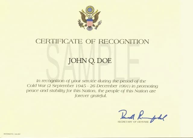 Donald Rumsfeld - Sample image of U.S. Cold War Recognition Certificate.