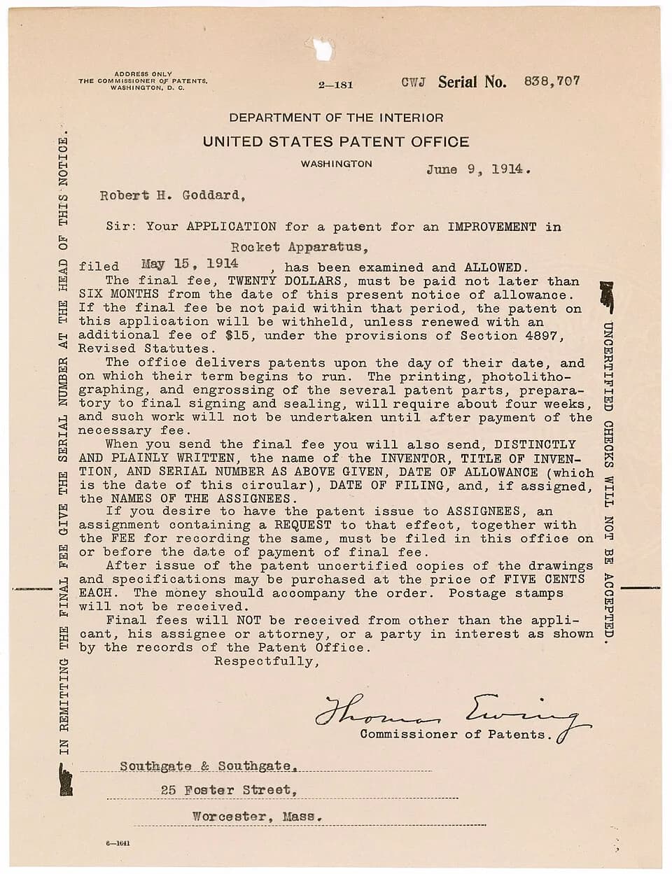 Robert H. Goddard - Notice of Examination and Approval of Patent Application - NARA - 5661922.jpg