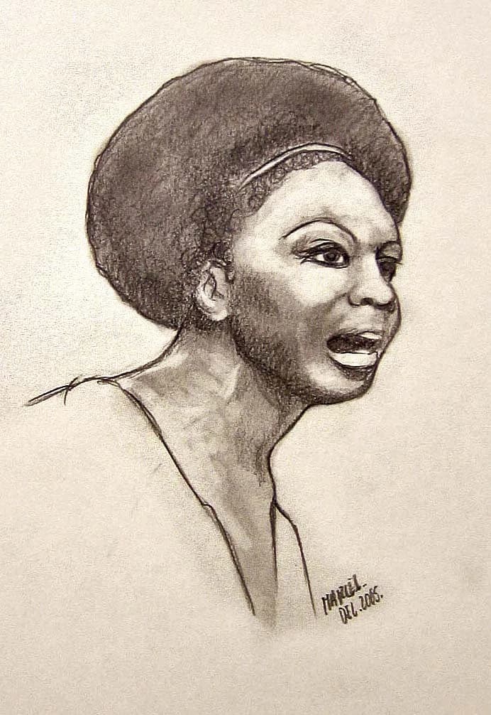 Nina Simone - This drawing (pencil on a4 paper) depicts singer, pianist and civil rights activist en:Nina Simone in the mid- to late sixties, the high-point of her commercial career. Her hair style (s