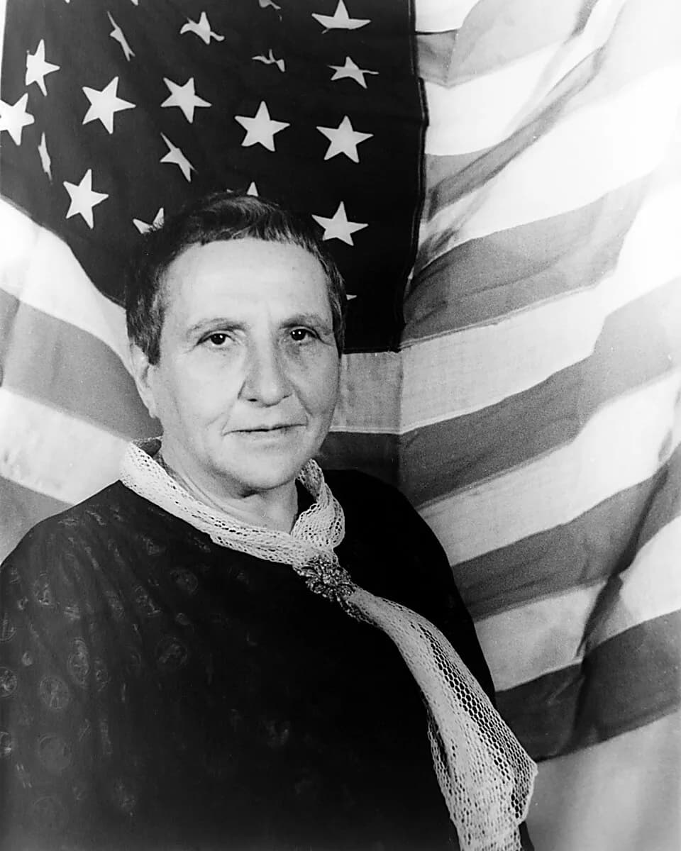 Gertrude Stein - Portrait of Gertrude Stein, with American flag as backdrop