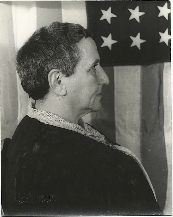 Gertrude Stein - Portrait of Gertrude Stein, with American flag as backdrop (1935 January 4)