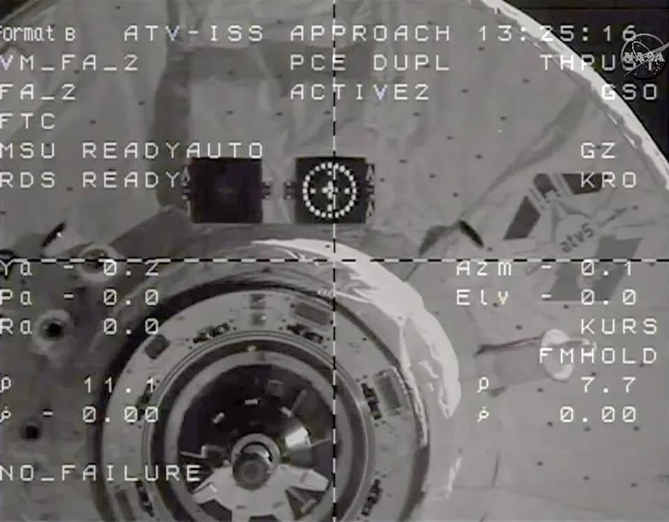 Georges Lemaître - Automated Transfer Vehicle 5 (ATV-5) five minutes before docking on International Space Station (ISS), view from docking camera