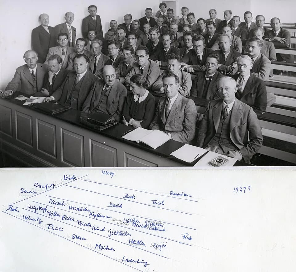 Emilio G. Segrè - Niels Bohr, Werner Heisenberg, Wolfgang Pauli, Otto Stern, Lise Meitner, Rudolf Ladenburg and other physicists, probable 1937 on the occasion of an colloquy with Nobel Price winners