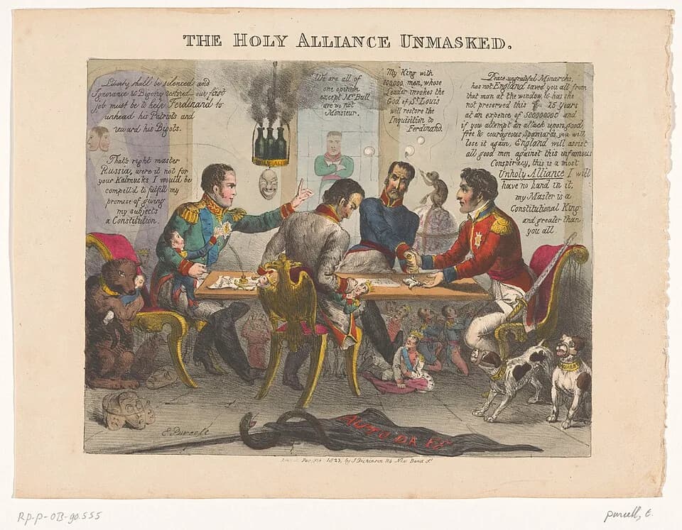 Edward Mills Purcell - IdentificatieTitel(s): Spotprent op de Heilige Alliantie, 1823. The Holy Alliance Unmasked (serietitel op object)Objecttype: prent spotprent Objectnummer: RP-P-OB-90.555Omschrij
