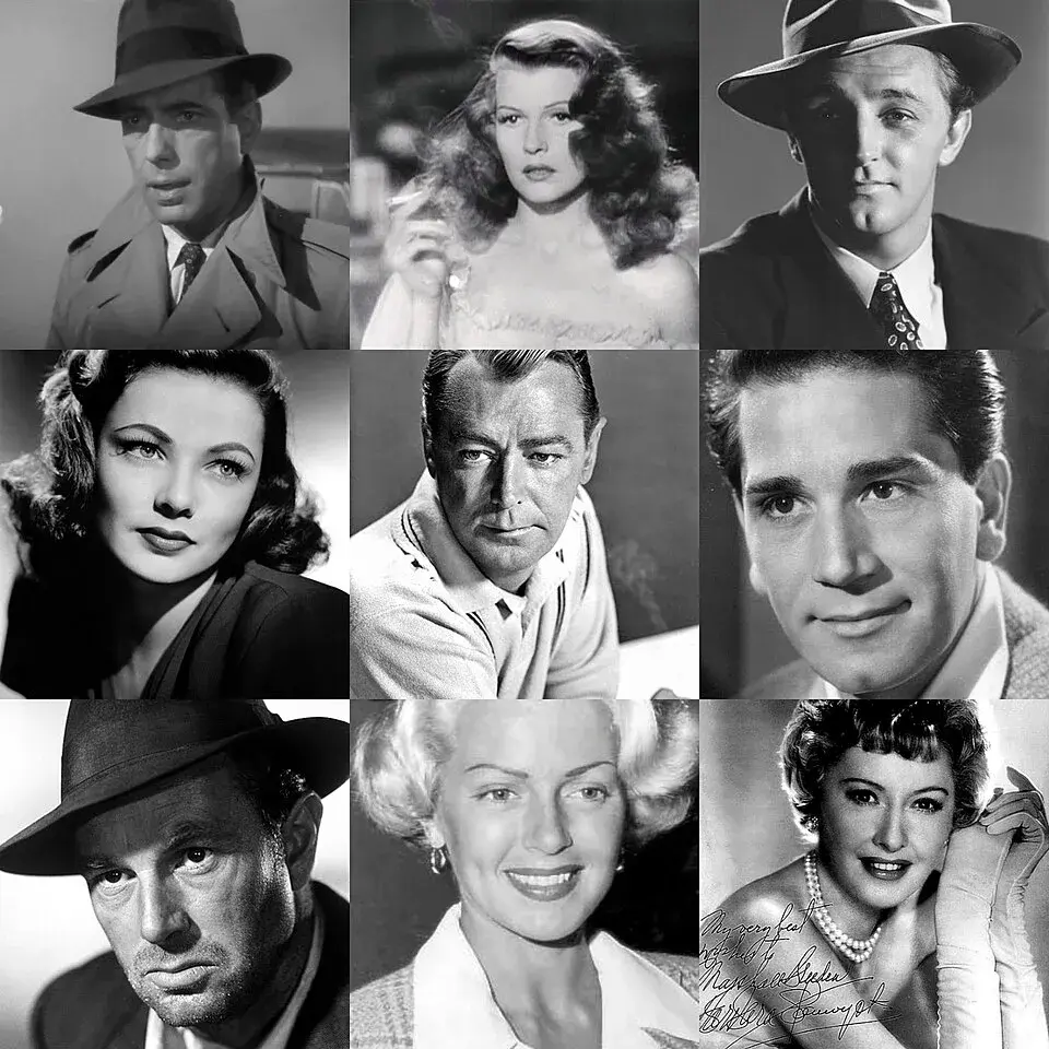 Robert Mitchum - Montage of Actors who acting in film noire: from top left to bottom Humphrey Bogart, Rita Hayworth, Robert Mitchum, Gene Tierney, Alan Ladd, Richard Conte, Sterling Hayden, Lana Turne