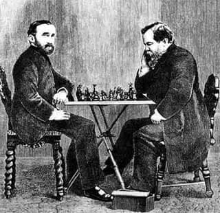 Wilhelm Steinitz - Engraving made from photograph of chess players Steinitz and Zukertort playing in one of their series of 1886 championship games, this one in New Orleans
