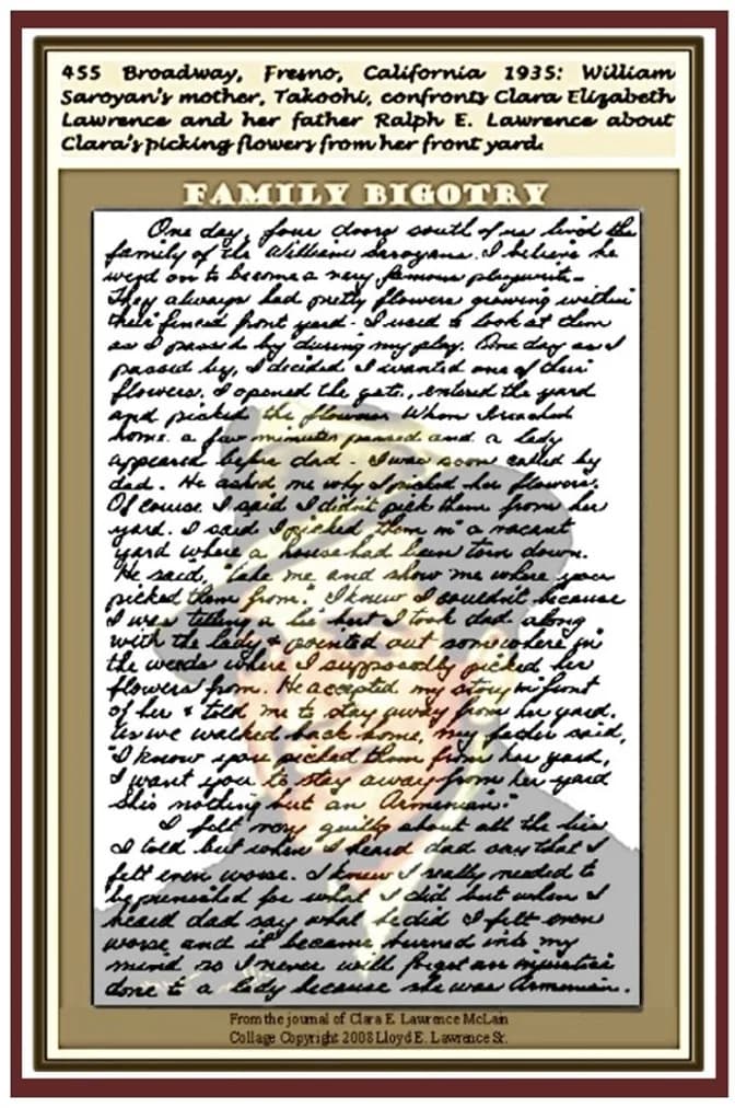 William Saroyan - From my late sister Clara Lawrence McLain's Journal.
