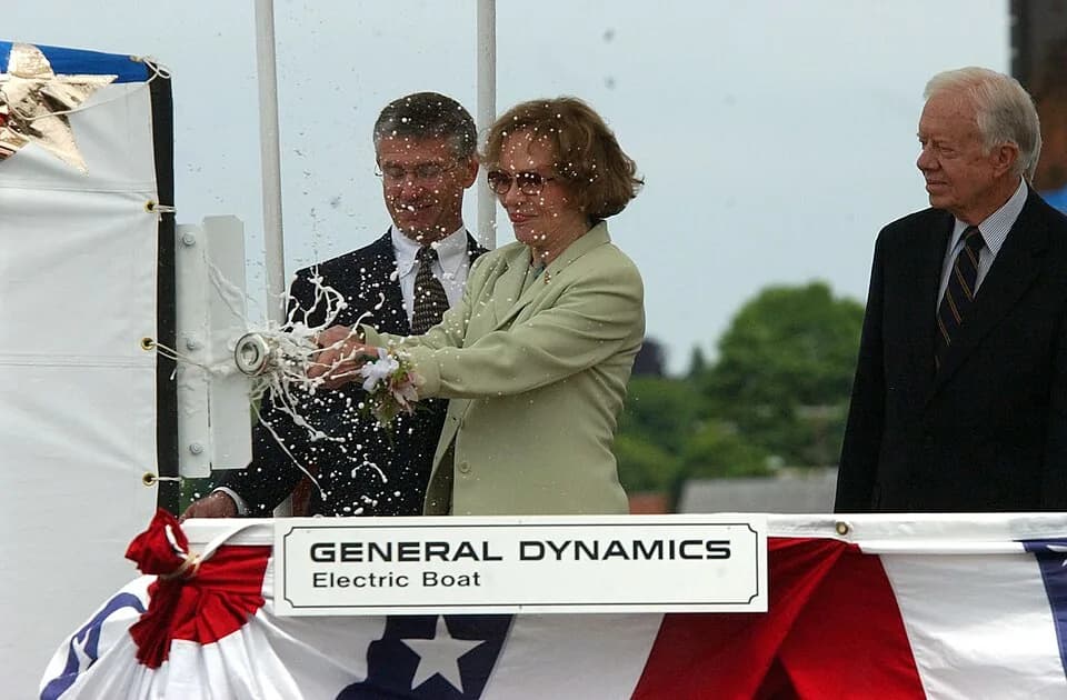 Rosalynn Carter - Groton, Conn (Jun. 5, 2004) — Former First Lady Rosalynn Carter smashes a bottle of Champagne against the sail of the Seawolf-class nuclear attack submarine Jimmy Carter (SSN-23) dur