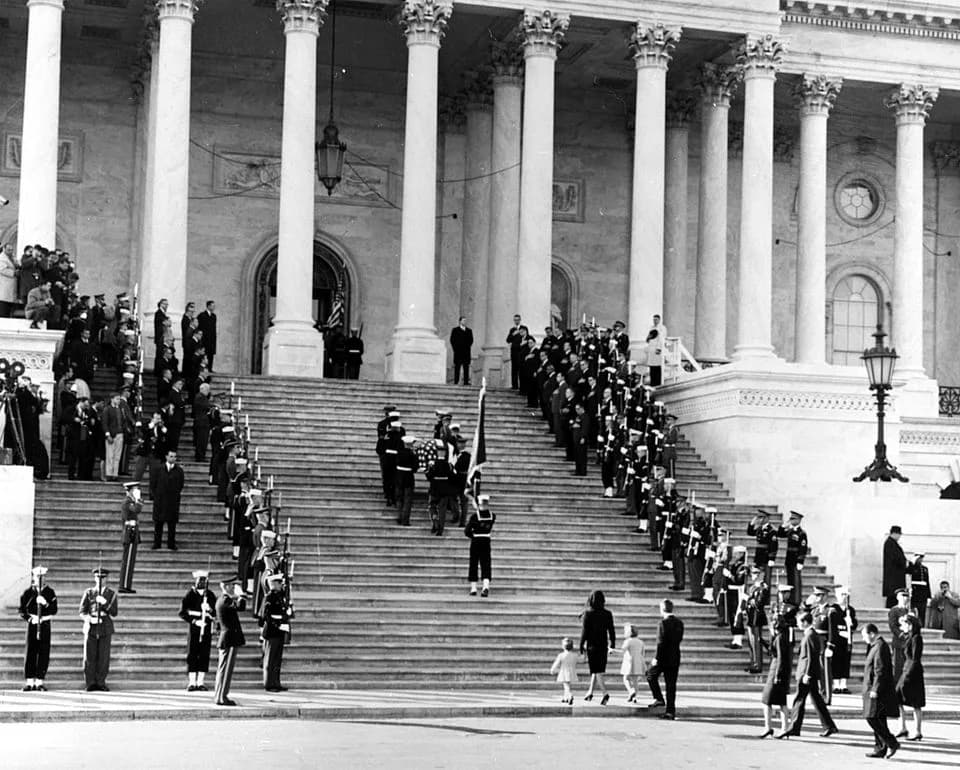 Ted Kennedy - Photograph of servicemen carrying the casket of President John F. Kennedy up the steps of the Capitol, followed by the late President's widow and children, during state funeral services
