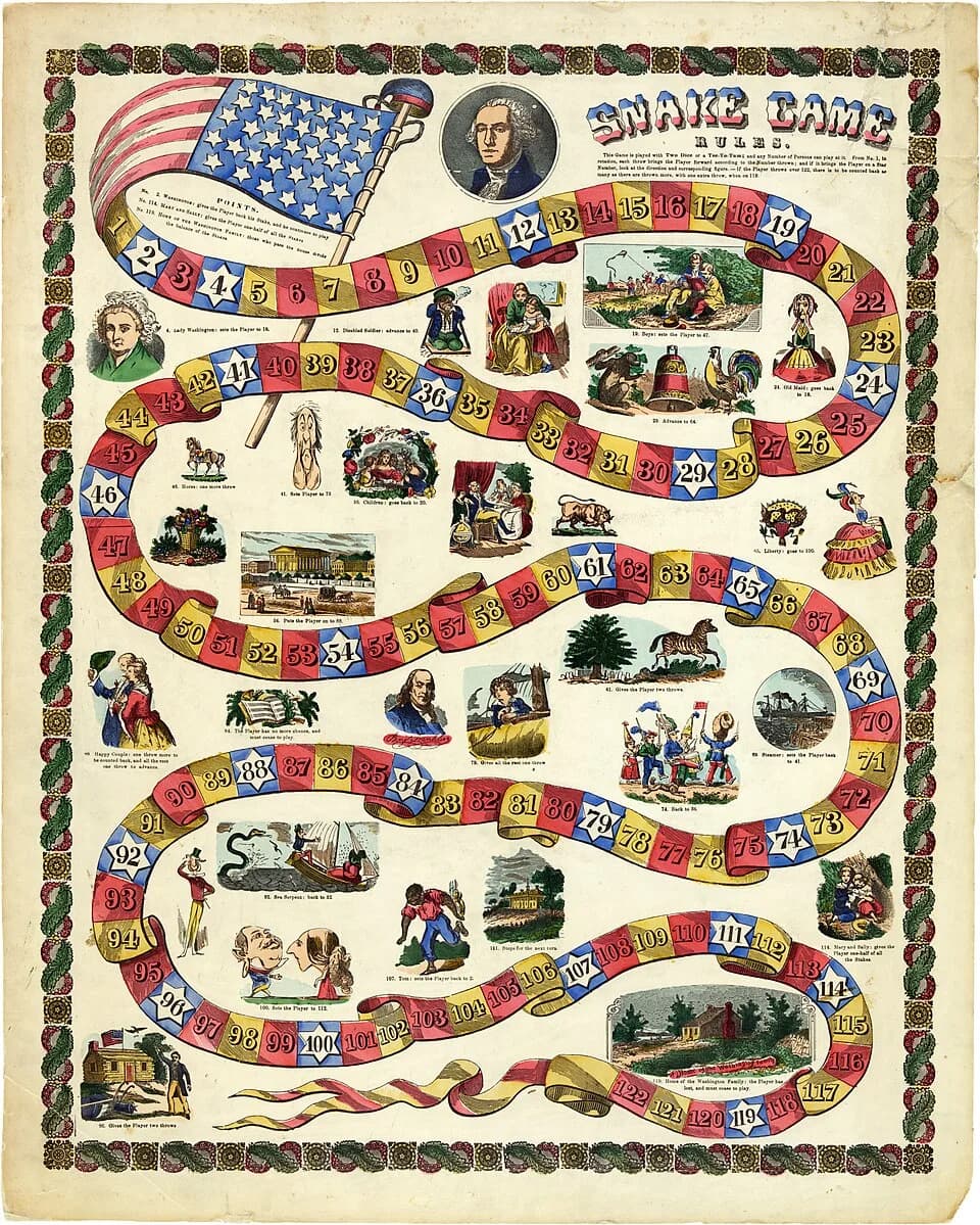 Martha Washington - Hand-colored wood engraving showing a game board with red, gold, and blue spaces, numbered between 1 and 122; on the board are illustrations that are numbered and correspond to the