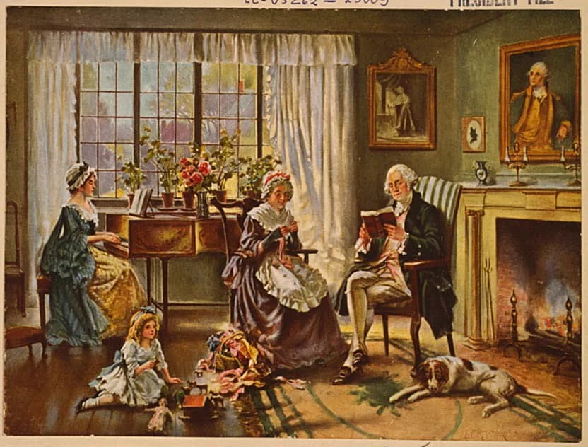 Martha Washington - Title: Washington at home / E. Percy Moran.
Related Names: Moran, Percy, 1862-1935 , artist
Date Created/Published: c1911.
Medium: 1 photomechanical print : color.
Summary: George