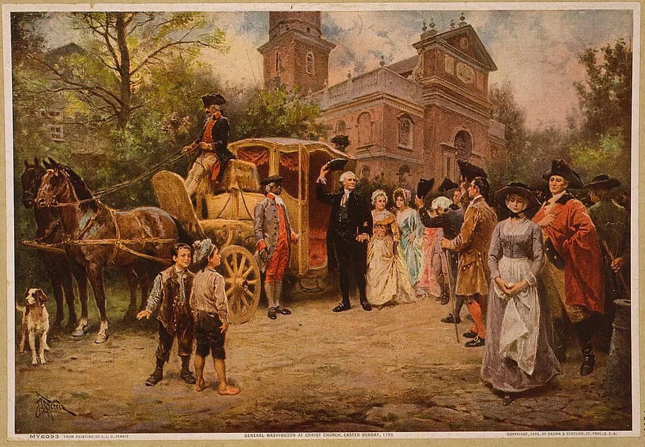 Martha Washington - Title: General Washington at Christ Church, Easter Sunday, 1795 J.L.G. Ferris.
Related Names: Ferris, Jean Leon Gerome, 1863-1930, artist.
Date Created/Published: c1908.
Medium: 1