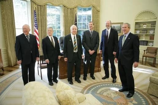 Roy J. Glauber - President George W. Bush meets with the 2005 Nobel Prize recipients, Tuesday, Nov. 8, 2005 in the Oval Office at the White House. From left to right are Dr. John Hall, 2005 Nobel Priz