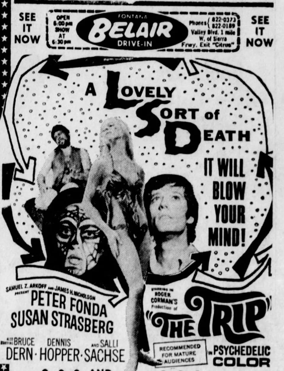 Peter Fonda - Bel-Air Drive-In theater advertisement for the psychedelic counterculture film, The Trip. 22 November 1967.